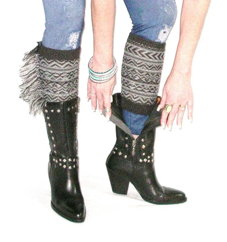 Aztec Boho Boot Cuffs With Fringe Brown And Tan Southwestern Cowgirl Leg Warmers