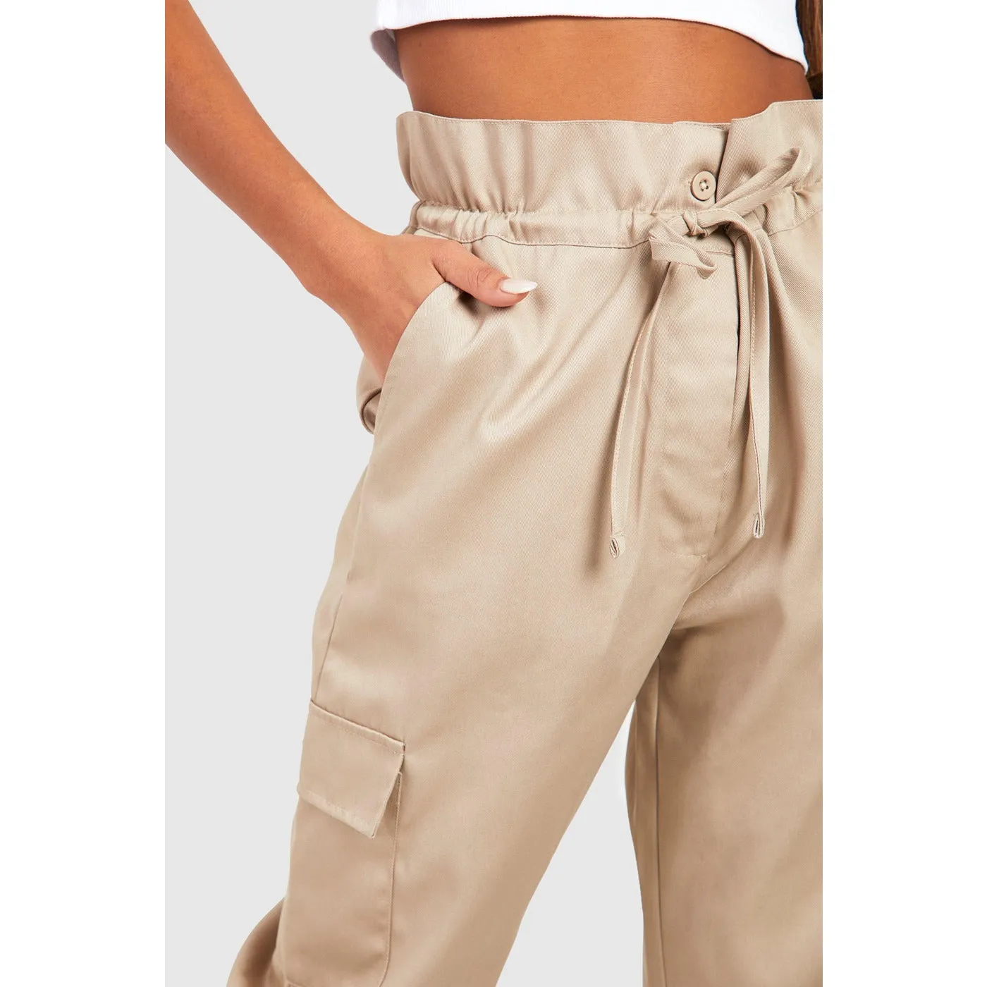 Beige Paper Bag High Waist Cargo Trousers