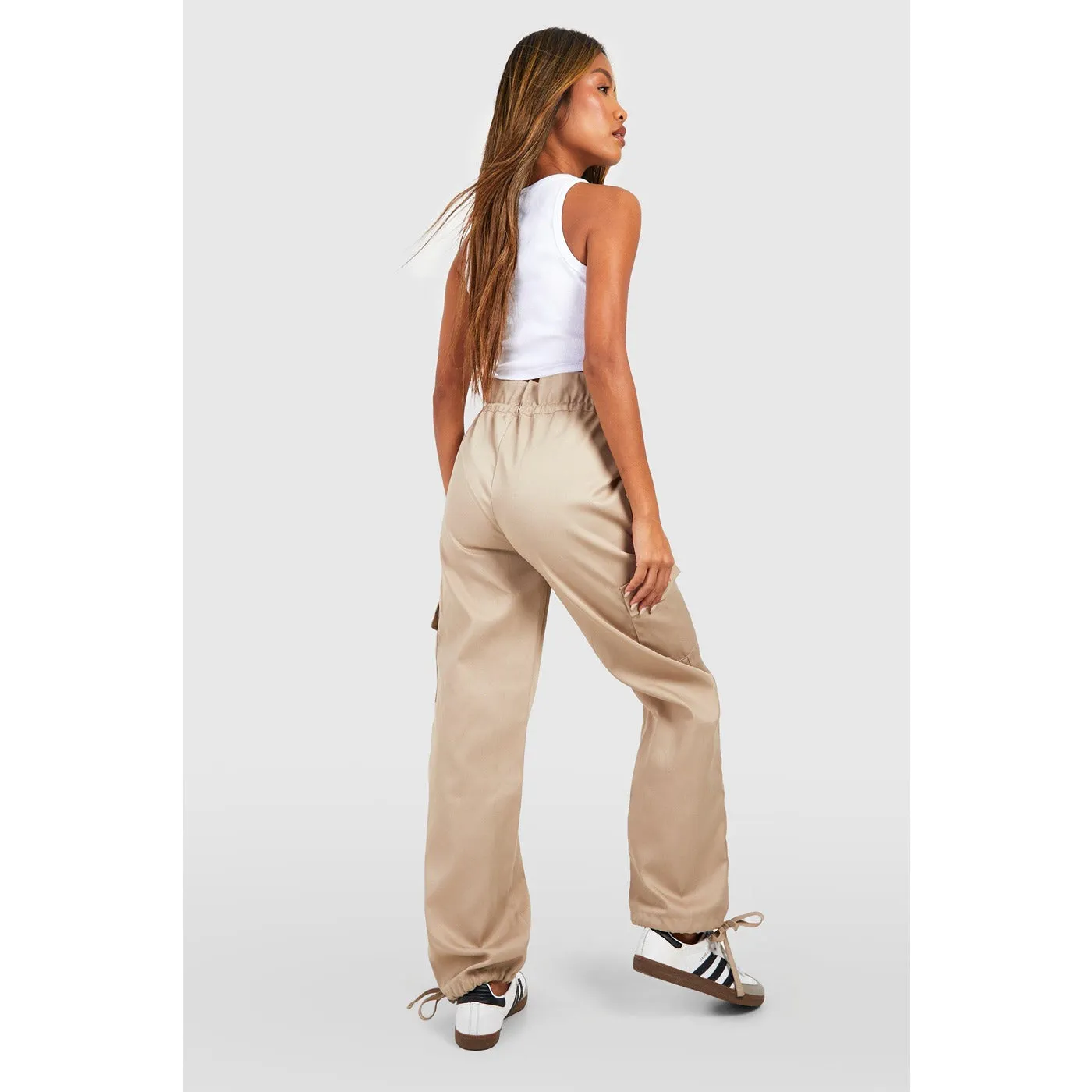 Beige Paper Bag High Waist Cargo Trousers