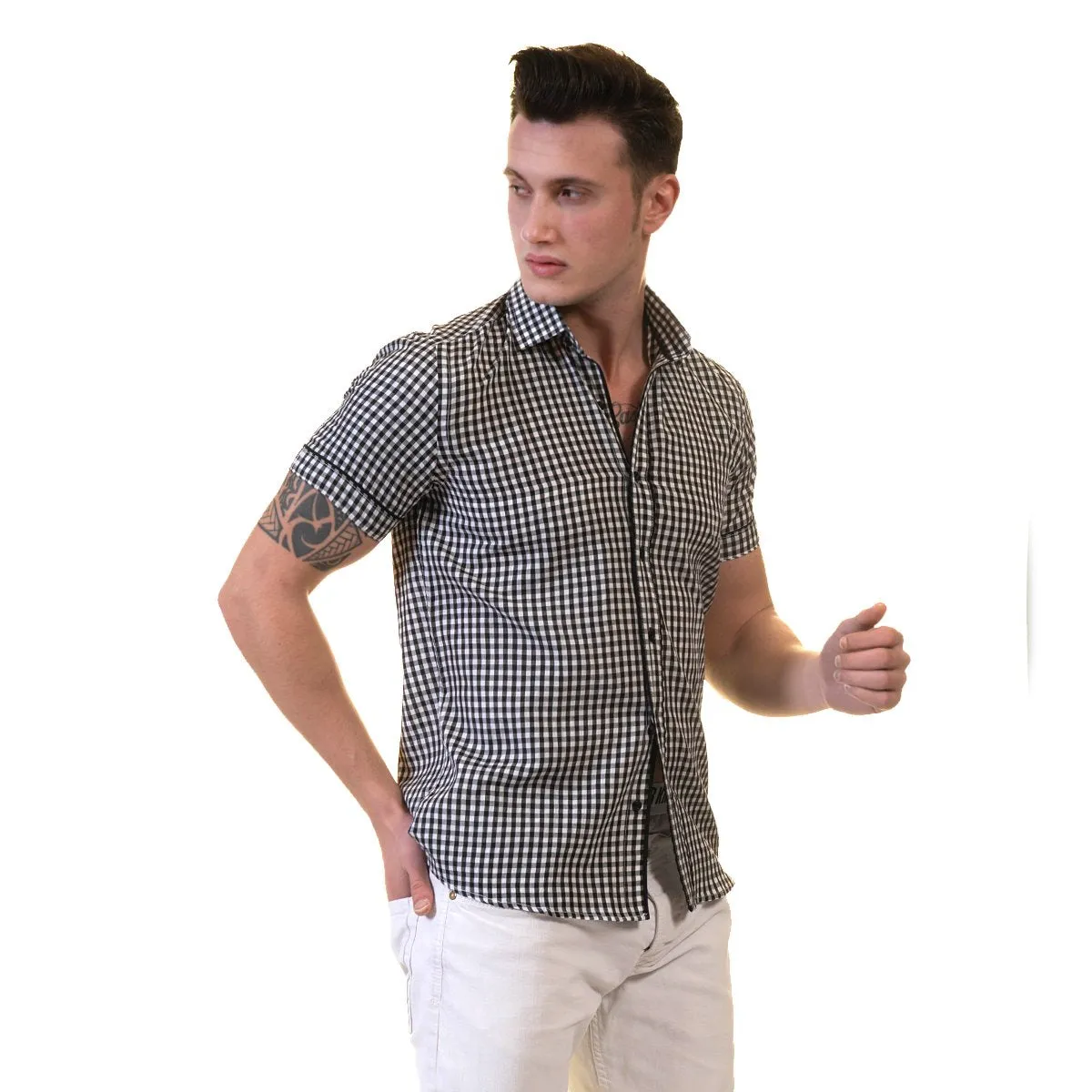 Black and White Mens Short Sleeve Button up Shirts - Tailored Slim Fit