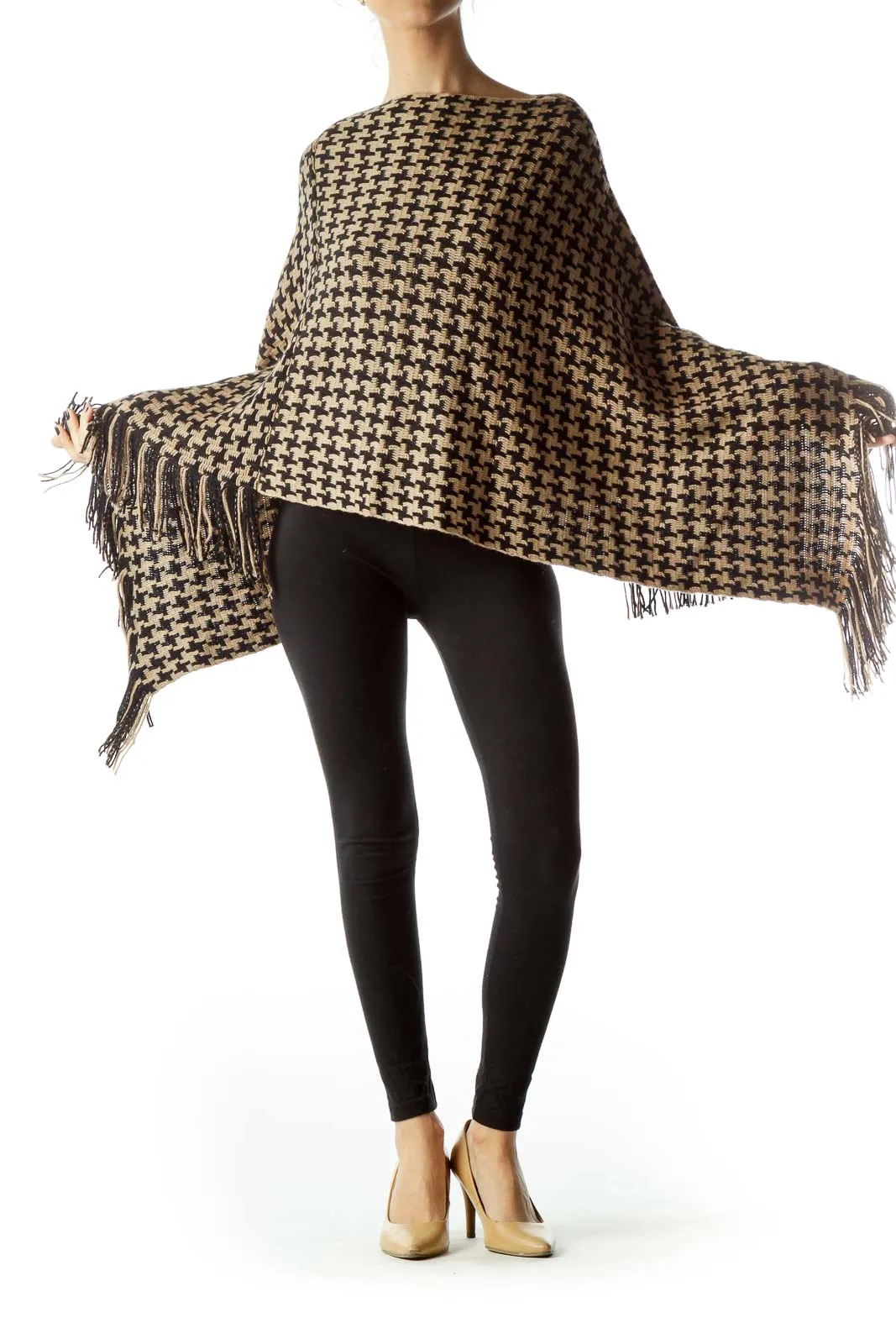 Black Beige Houndstooth Knitted Poncho