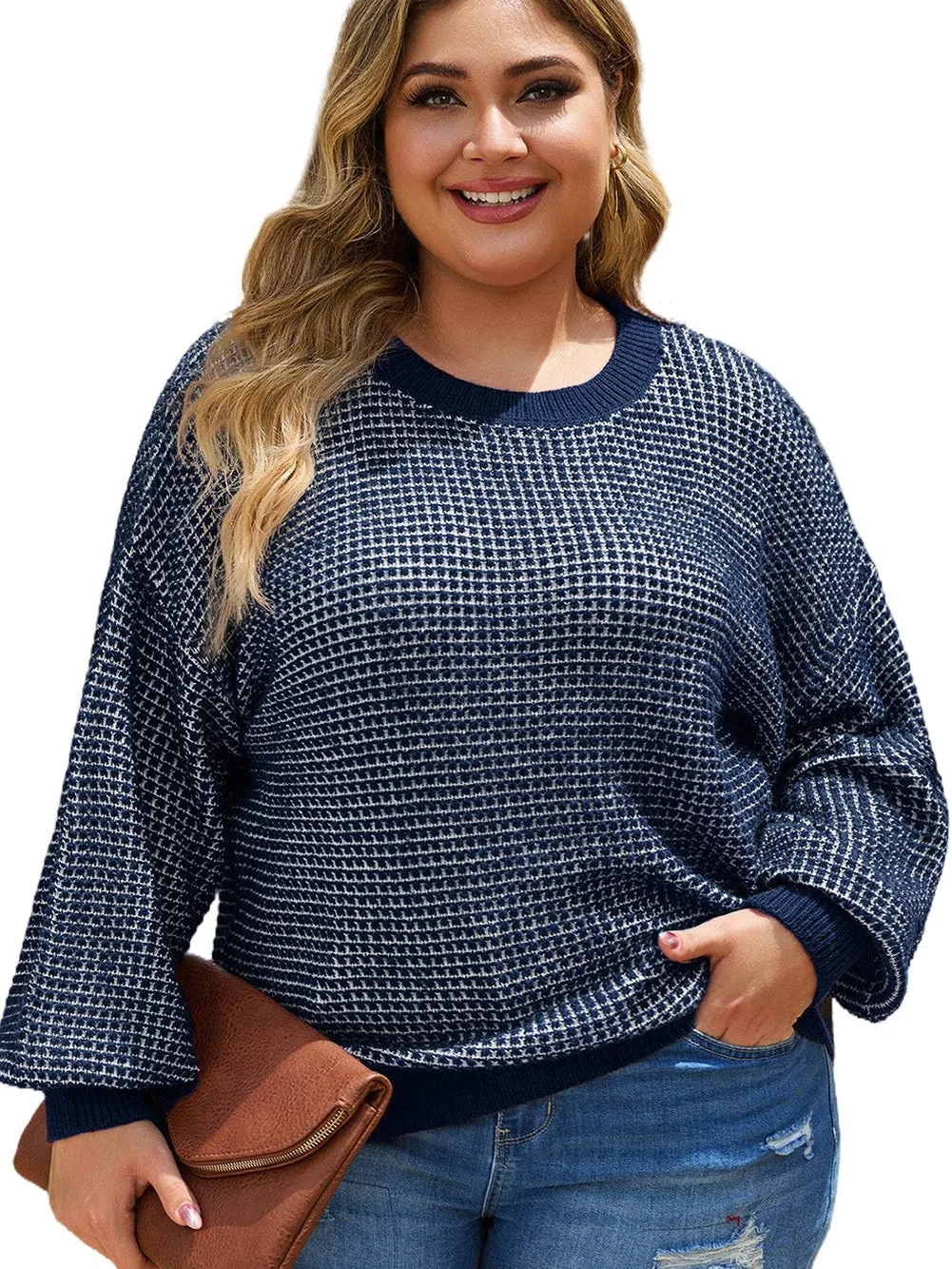 Blue Heathered Knit Plus Size Drop Shoulder Sweater