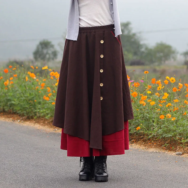 Bohemian Style Multi-layer Button Long Loose Skirt