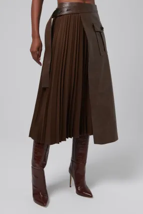 Brown Contrast Pleats Faux Leather Midi Skirt