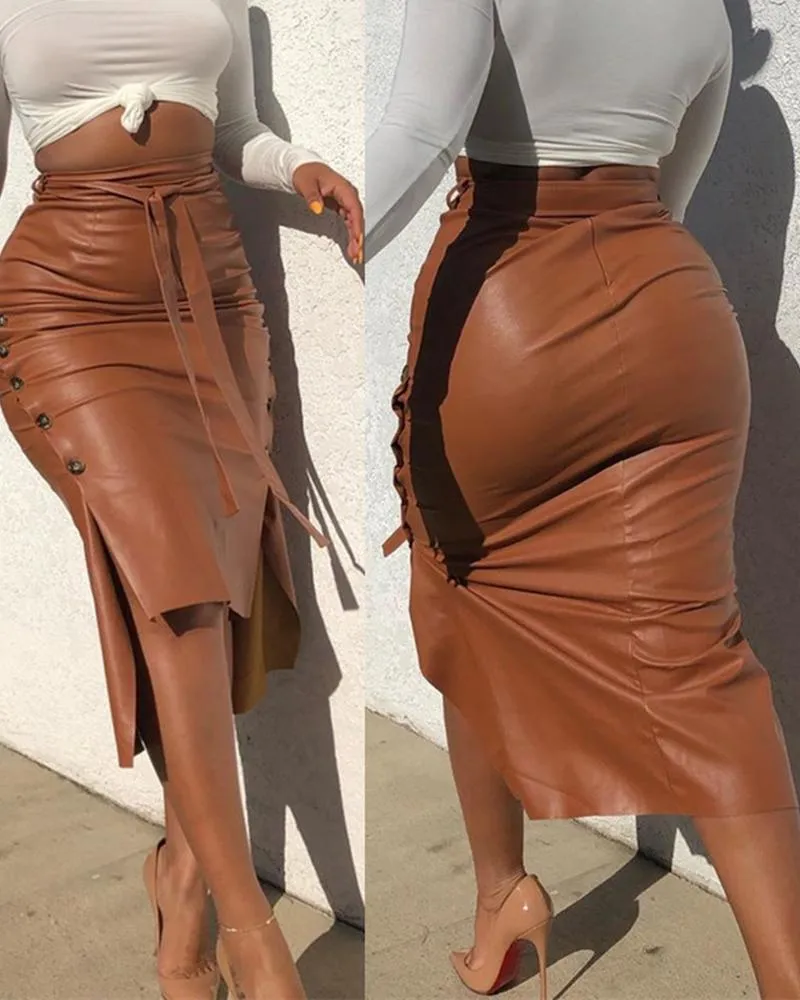 Buttoned Slit PU Leather Midi Chocolate Skirt