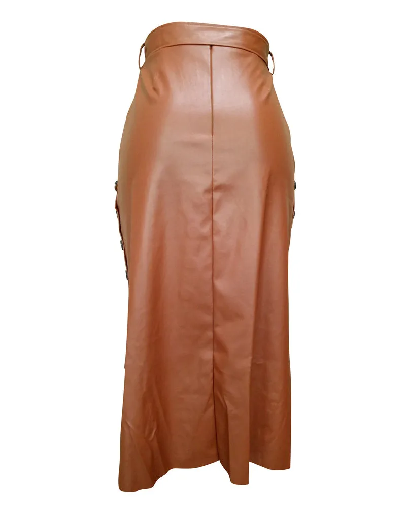 Buttoned Slit PU Leather Midi Chocolate Skirt