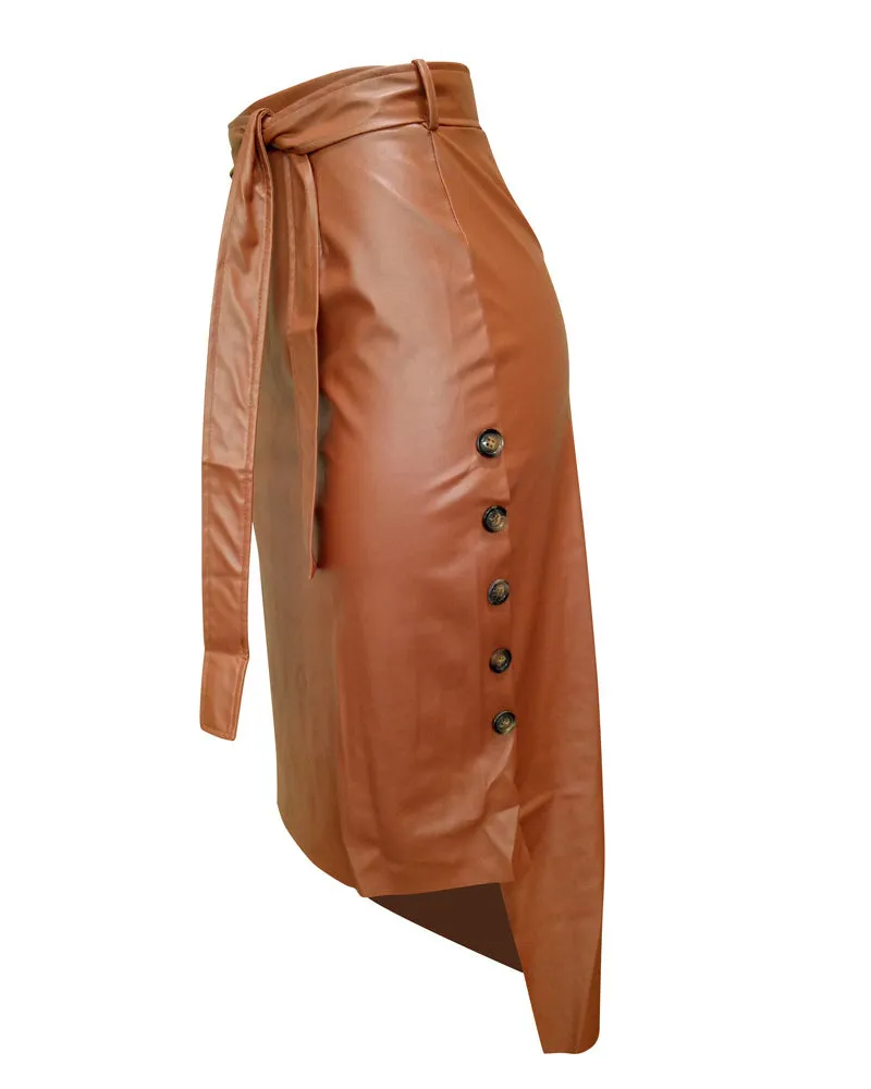 Buttoned Slit PU Leather Midi Chocolate Skirt