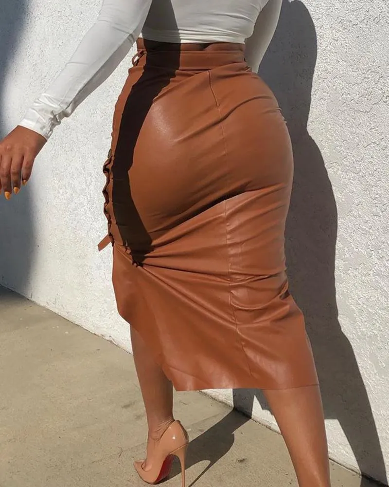 Buttoned Slit PU Leather Midi Chocolate Skirt