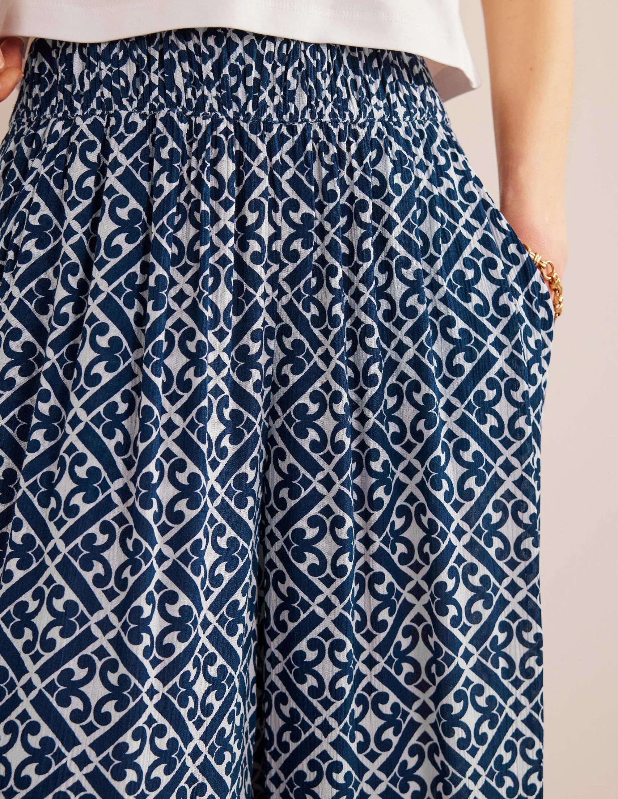 Crinkle Wide Leg Trousers-Prussian Blue, Tranquil Geo