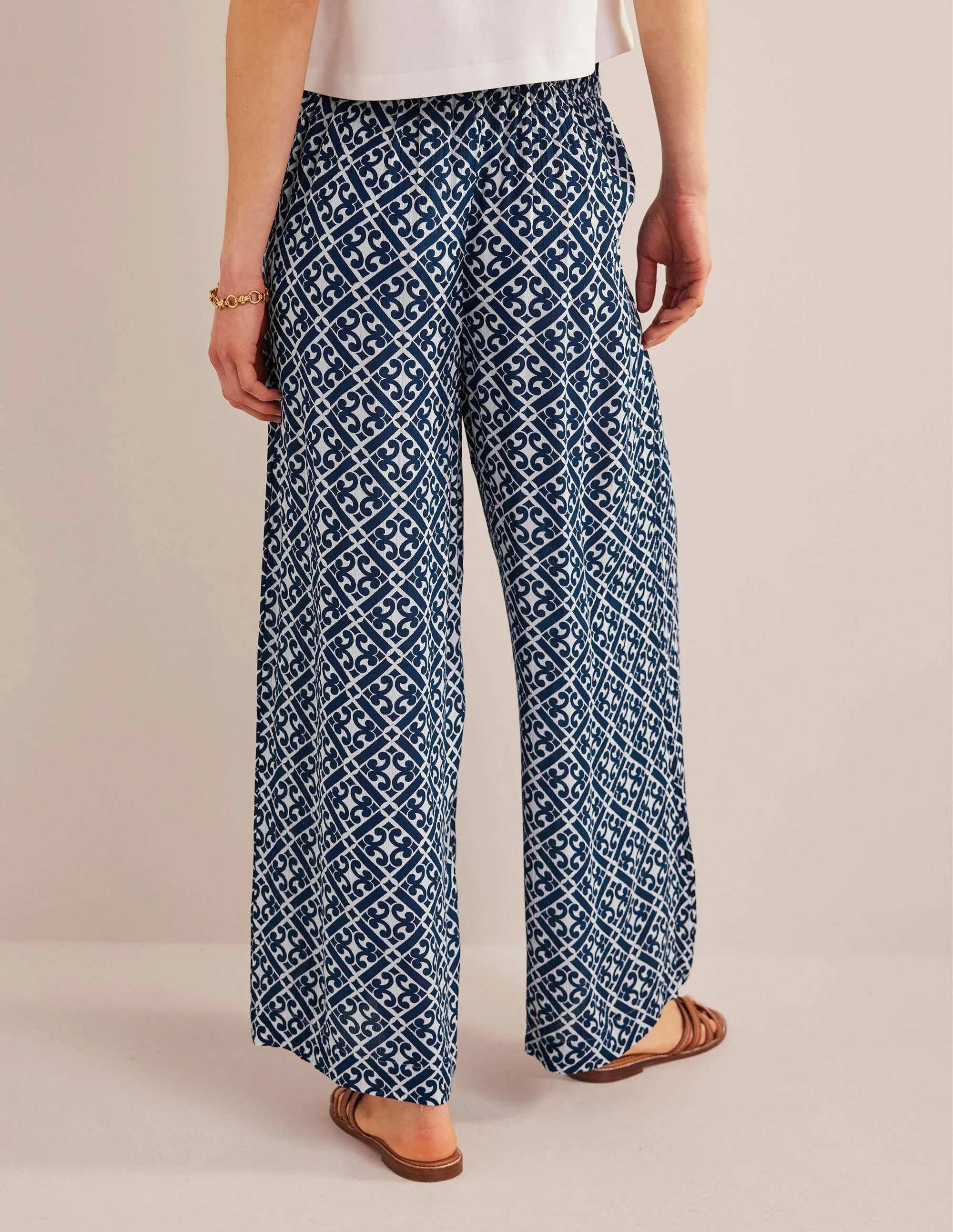 Crinkle Wide Leg Trousers-Prussian Blue, Tranquil Geo