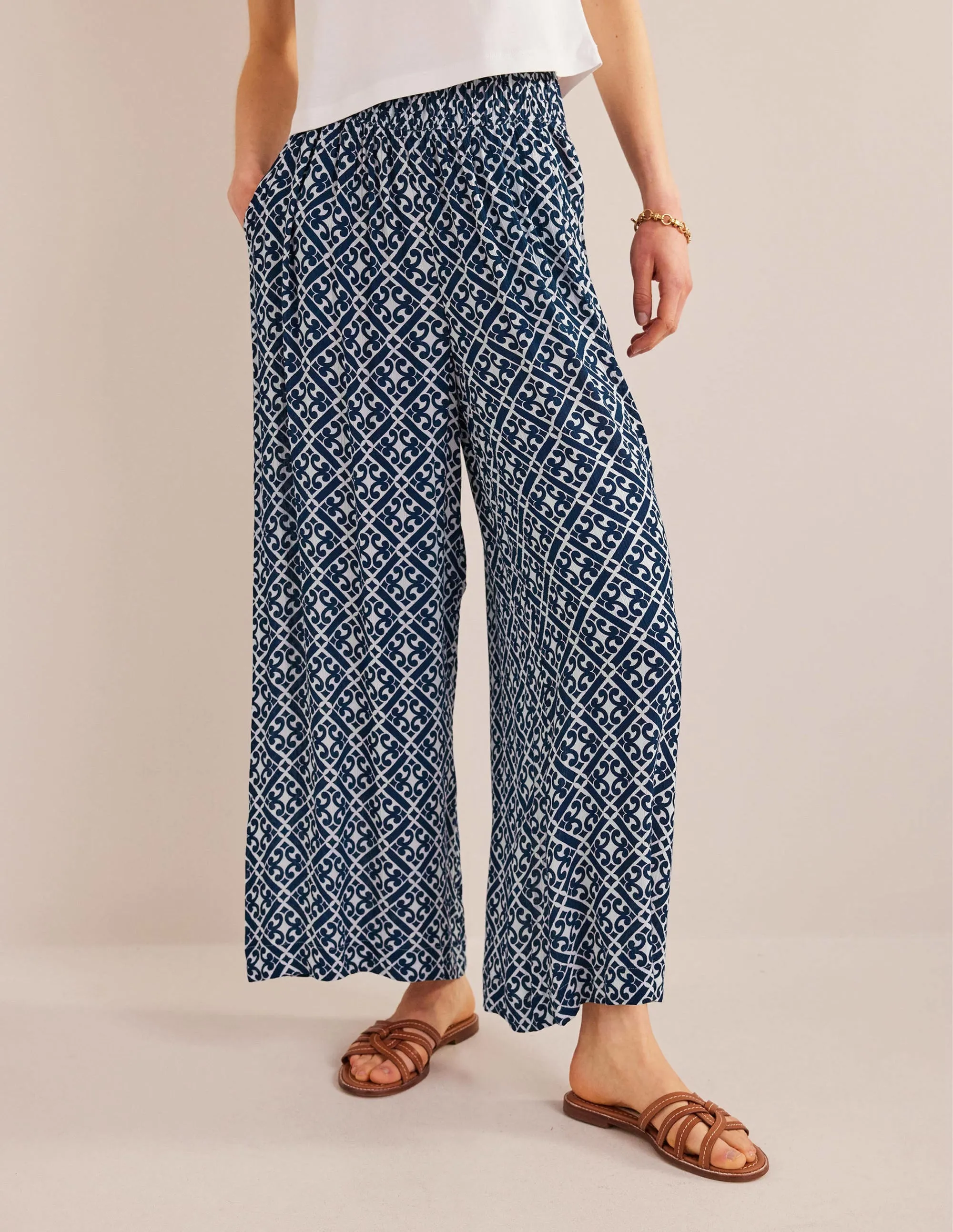 Crinkle Wide Leg Trousers-Prussian Blue, Tranquil Geo