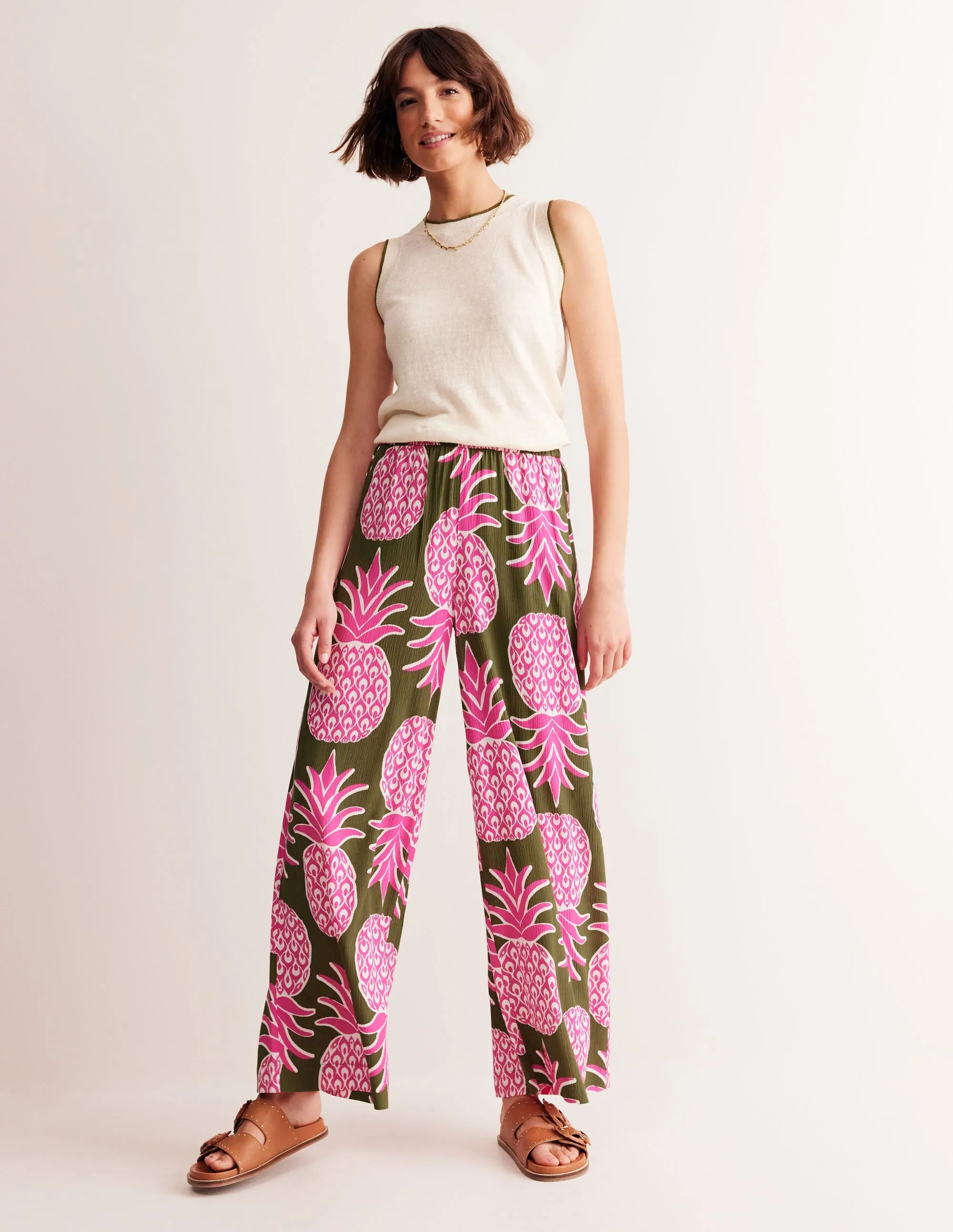 Crinkle Wide Trousers-Avocado, Pineapple Pop