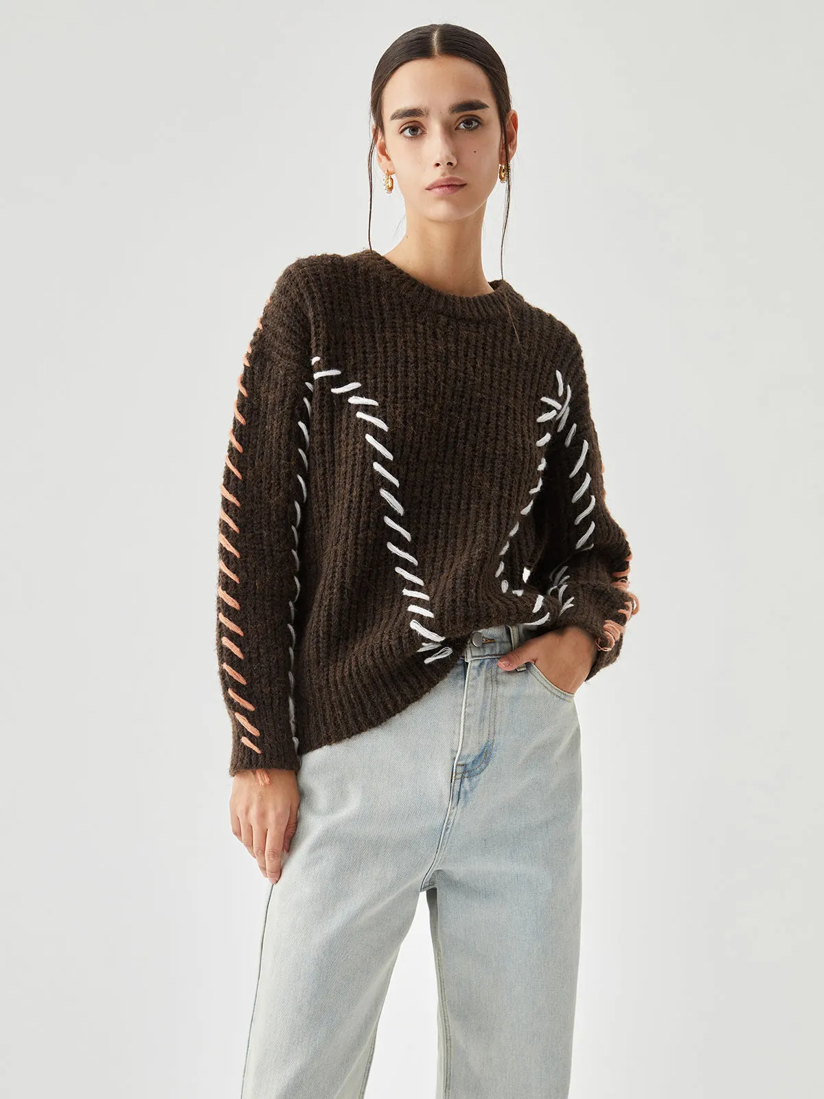 Crocheted Contrast Trim Trendy Ribbed Knit Sweater