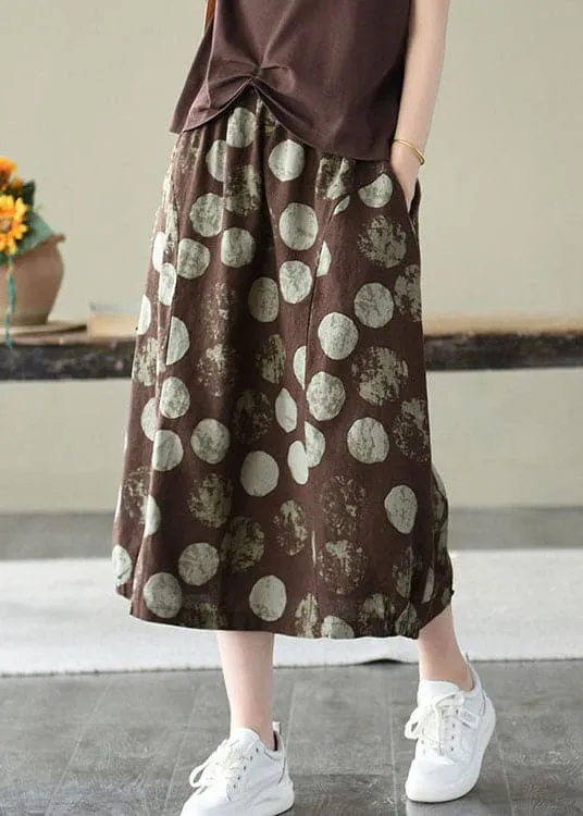 Elegant Coffee Elastic Waist Pockets Linen Skirt Summer