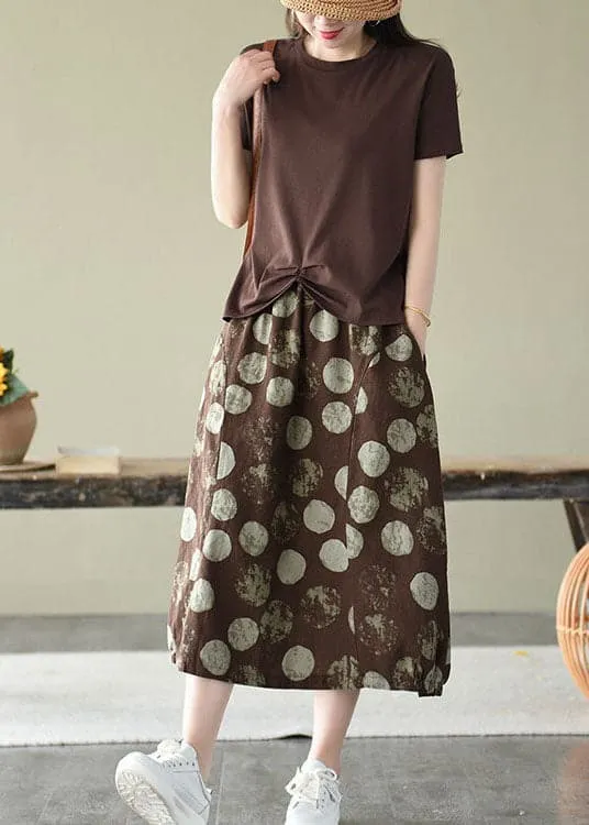 Elegant Coffee Elastic Waist Pockets Linen Skirt Summer