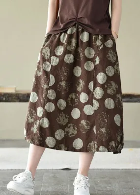 Elegant Coffee Elastic Waist Pockets Linen Skirt Summer