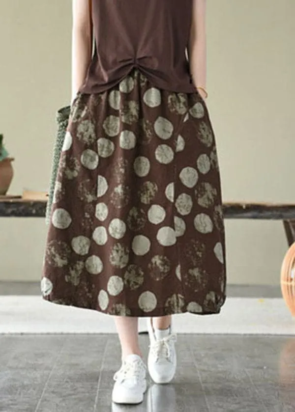 Elegant Coffee Elastic Waist Pockets Linen Skirt Summer