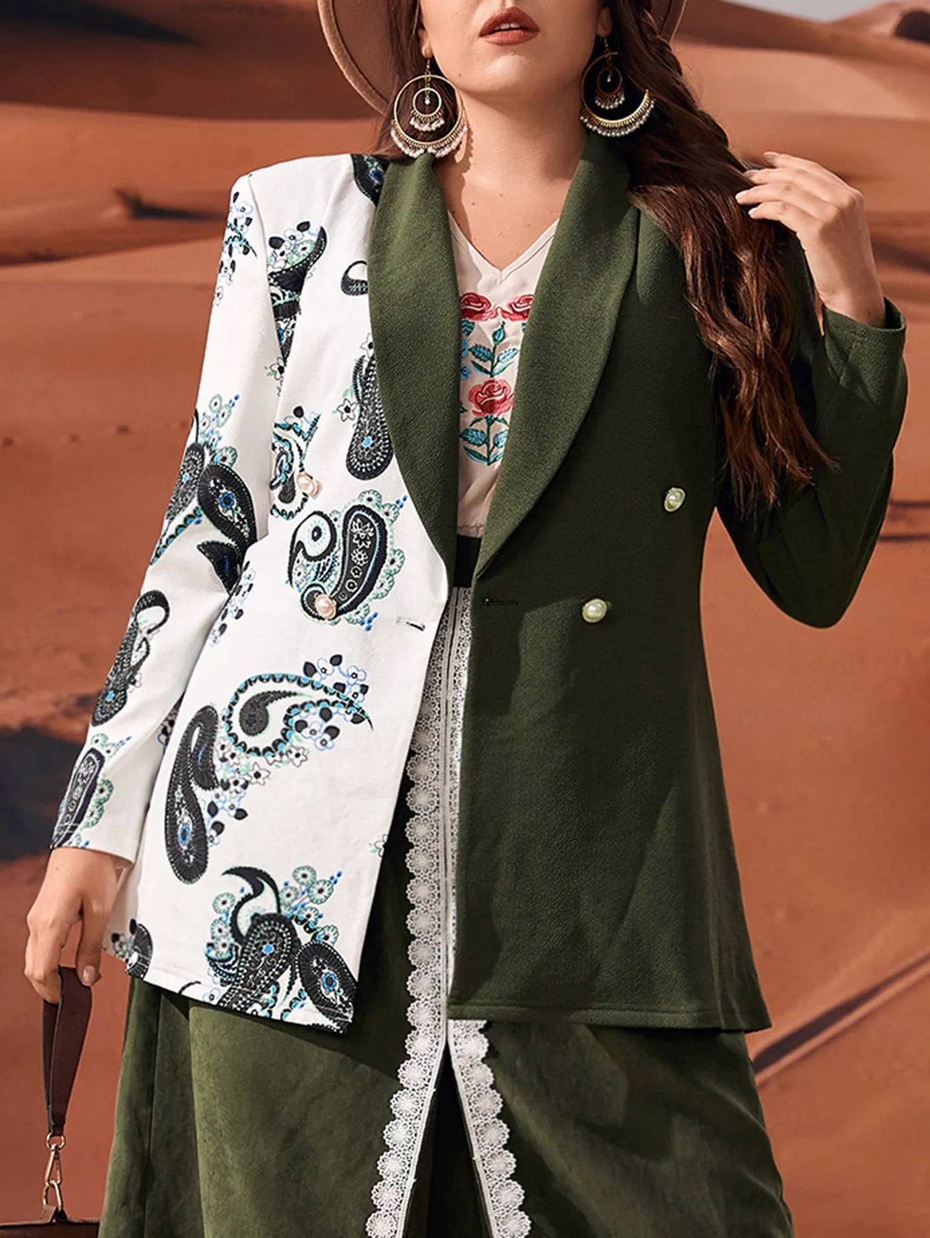 Elegant Paisley Double Button Long Sleeve Shawl Collar Long Plus Size Blazer