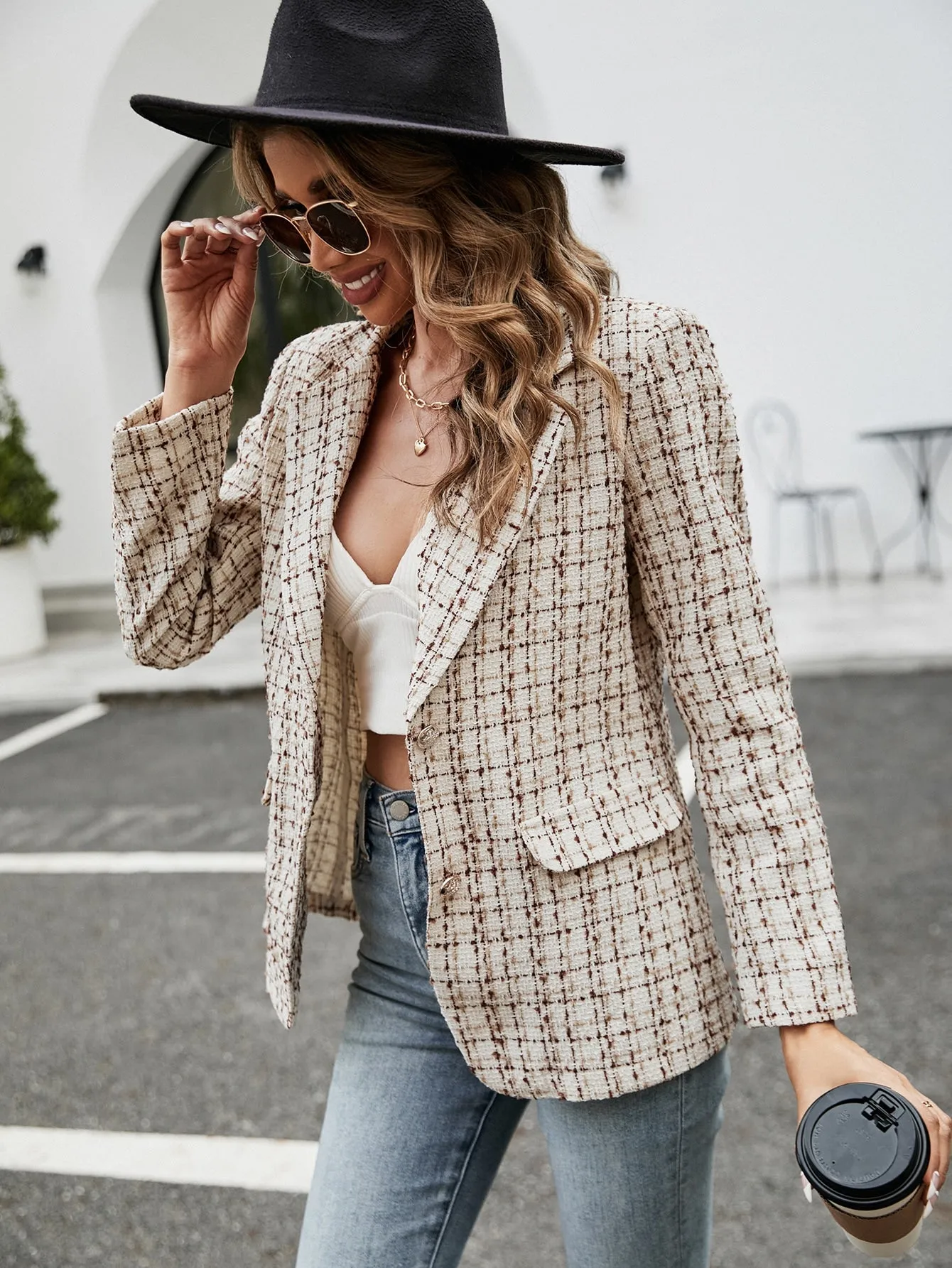 Frenchy Plaid Pattern Lapel Neck Overcoat