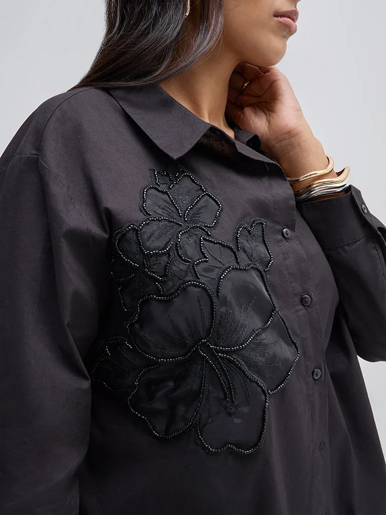 Gia Black Floral Beaded Shirt