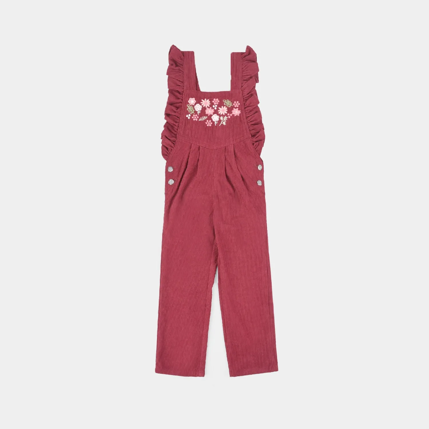 Girls Corduroy Dangri Embroidered Floral Yoke-Burgendy