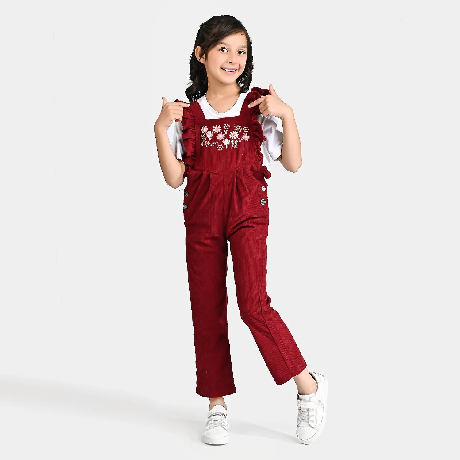 Girls Corduroy Dangri Embroidered Floral Yoke-Burgendy