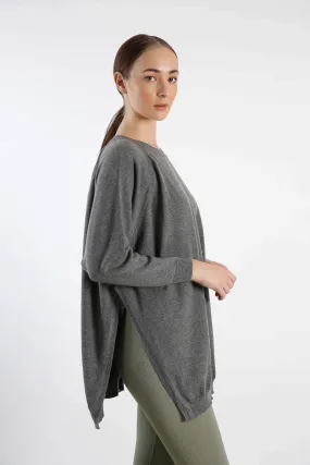 Grey Hand-Knitted Cashmere Poncho Full-Sleeve