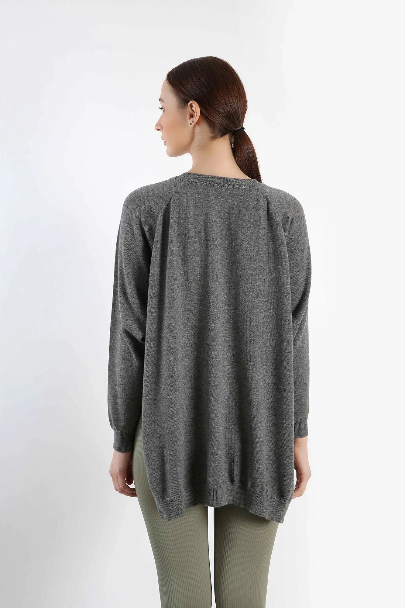 Grey Hand-Knitted Cashmere Poncho Full-Sleeve