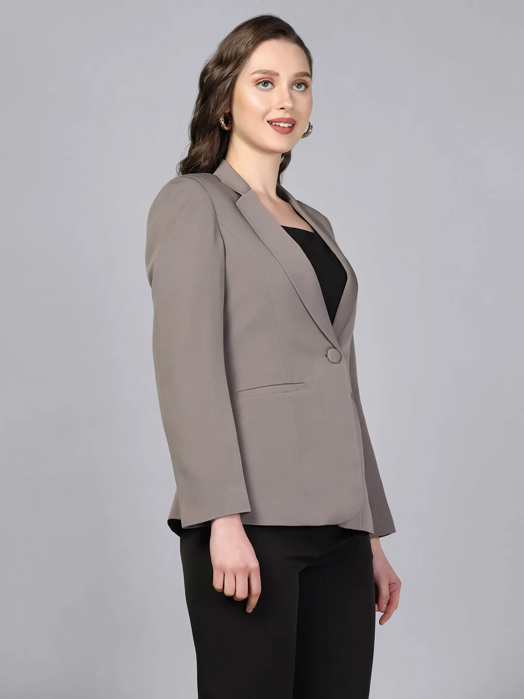 Grey Polyester Stretch Notch collar blazer