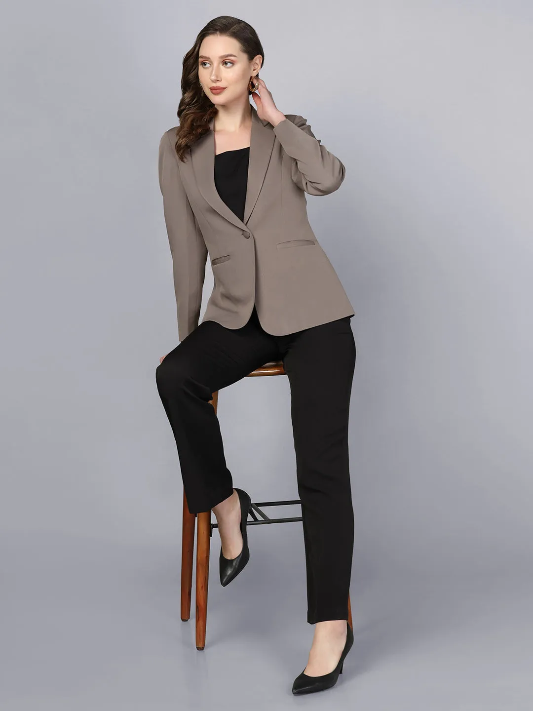 Grey Polyester Stretch Notch collar blazer