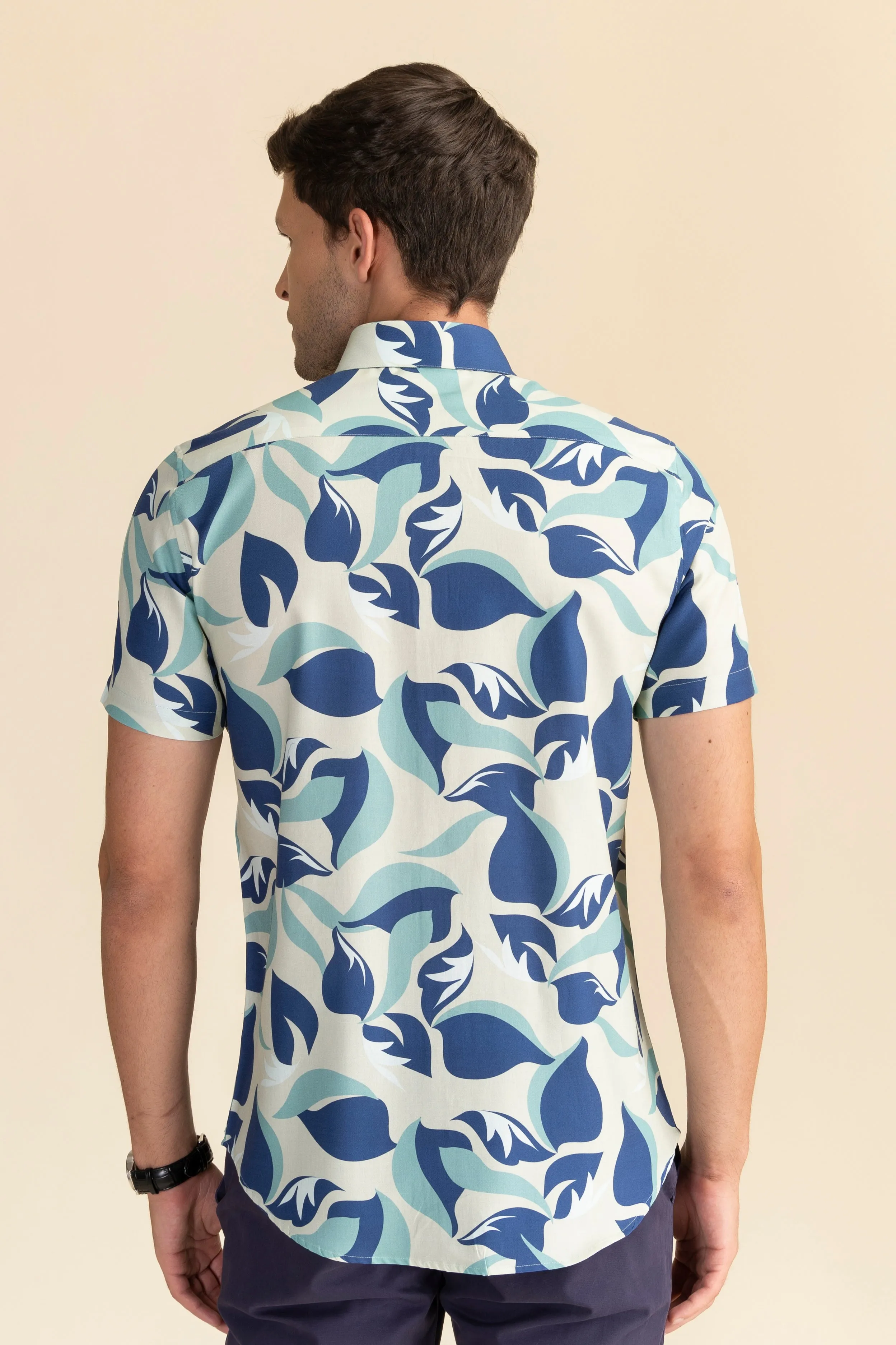 Half Sleeves Aqua Leaf Print Shirt EOSS