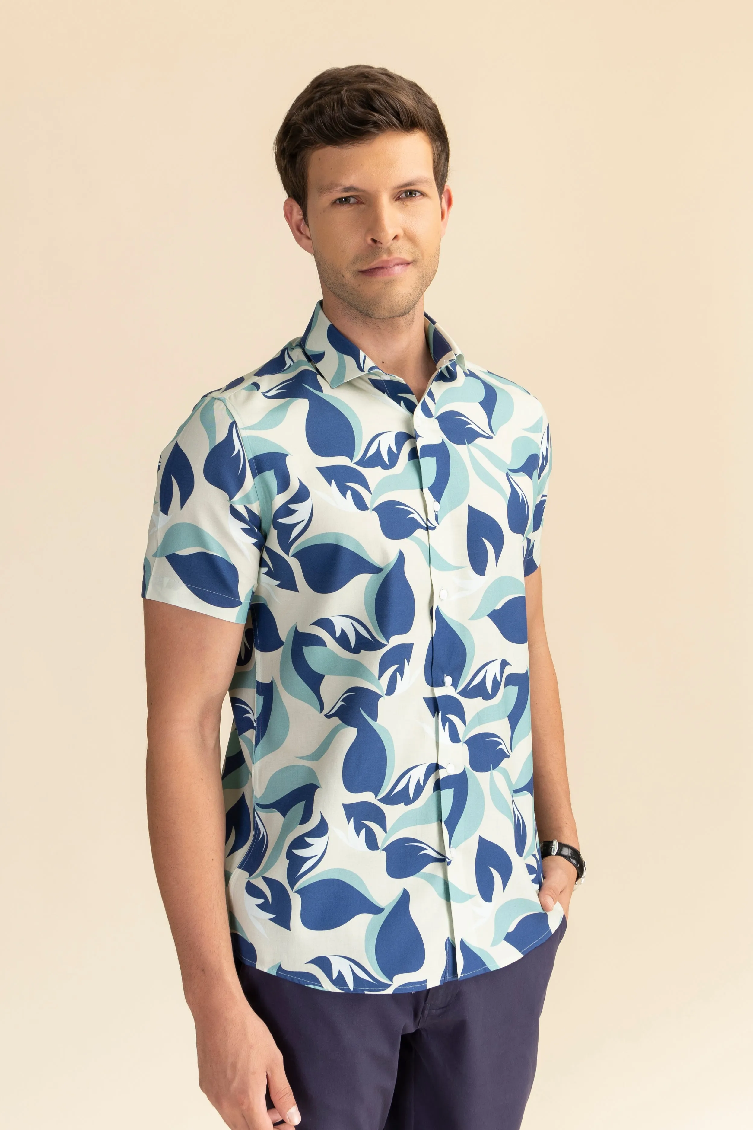 Half Sleeves Aqua Leaf Print Shirt EOSS