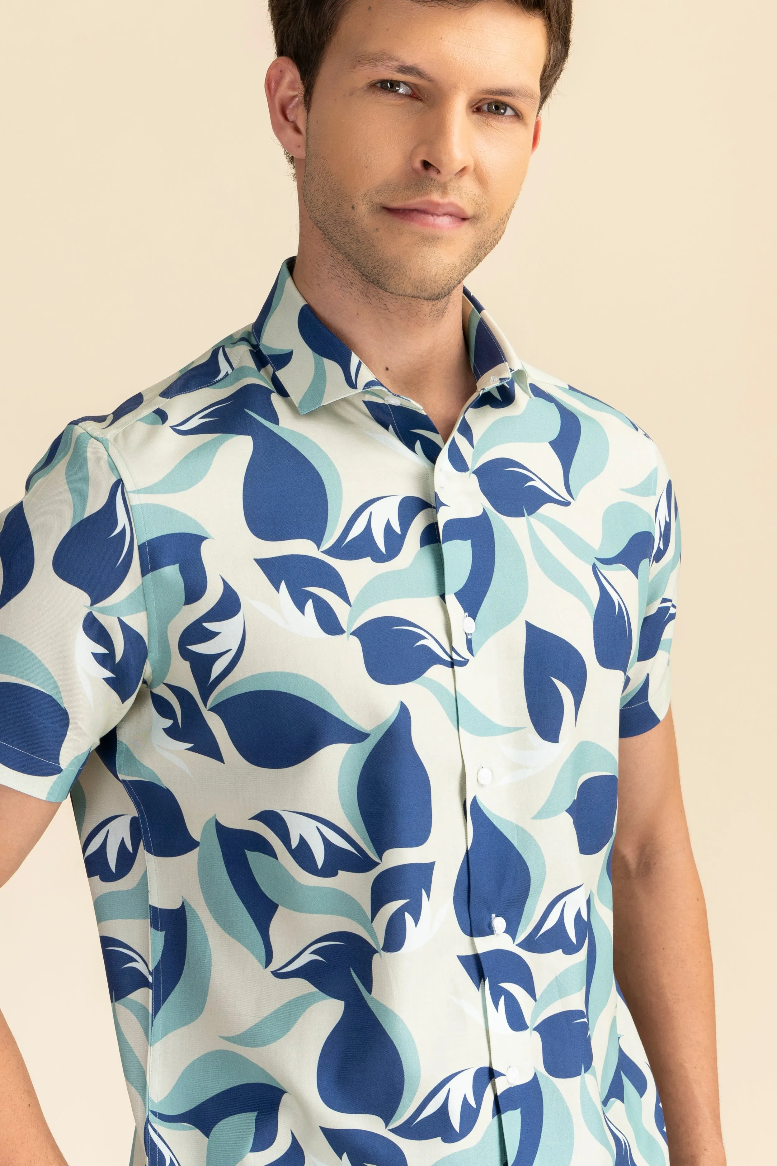 Half Sleeves Aqua Leaf Print Shirt EOSS