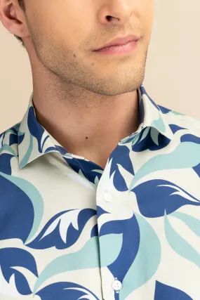 Half Sleeves Aqua Leaf Print Shirt EOSS