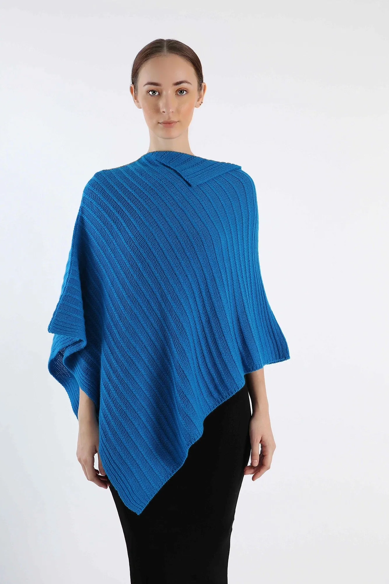 Hand-Knitted Pure Blue Cashmere Poncho