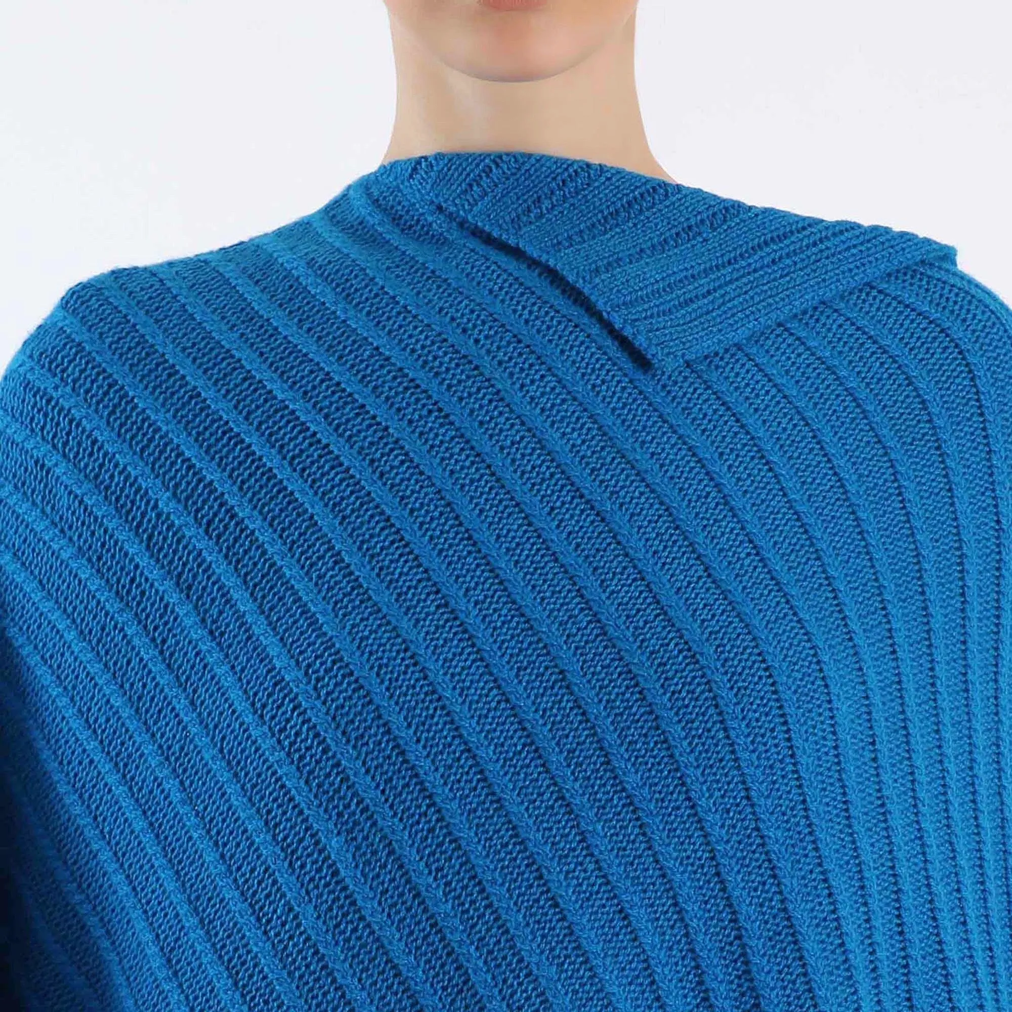 Hand-Knitted Pure Blue Cashmere Poncho