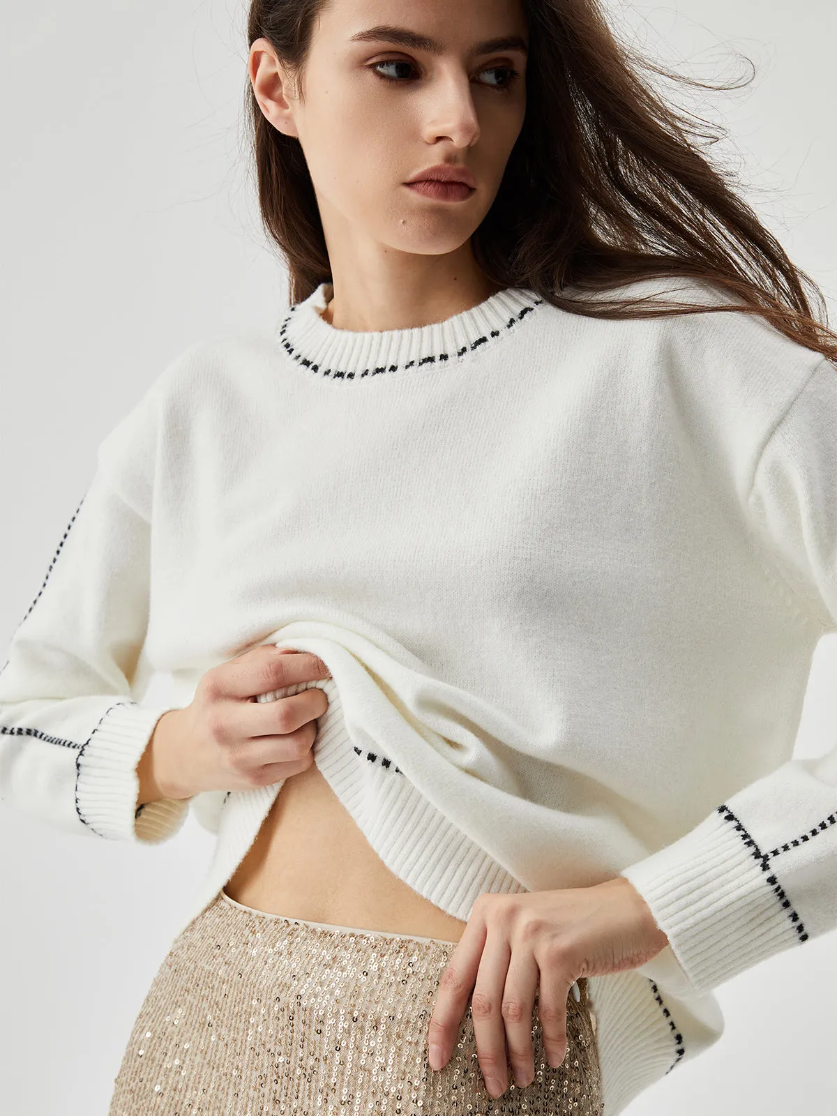 Knit Contrast Trim Trendy Crew Neck Sweater