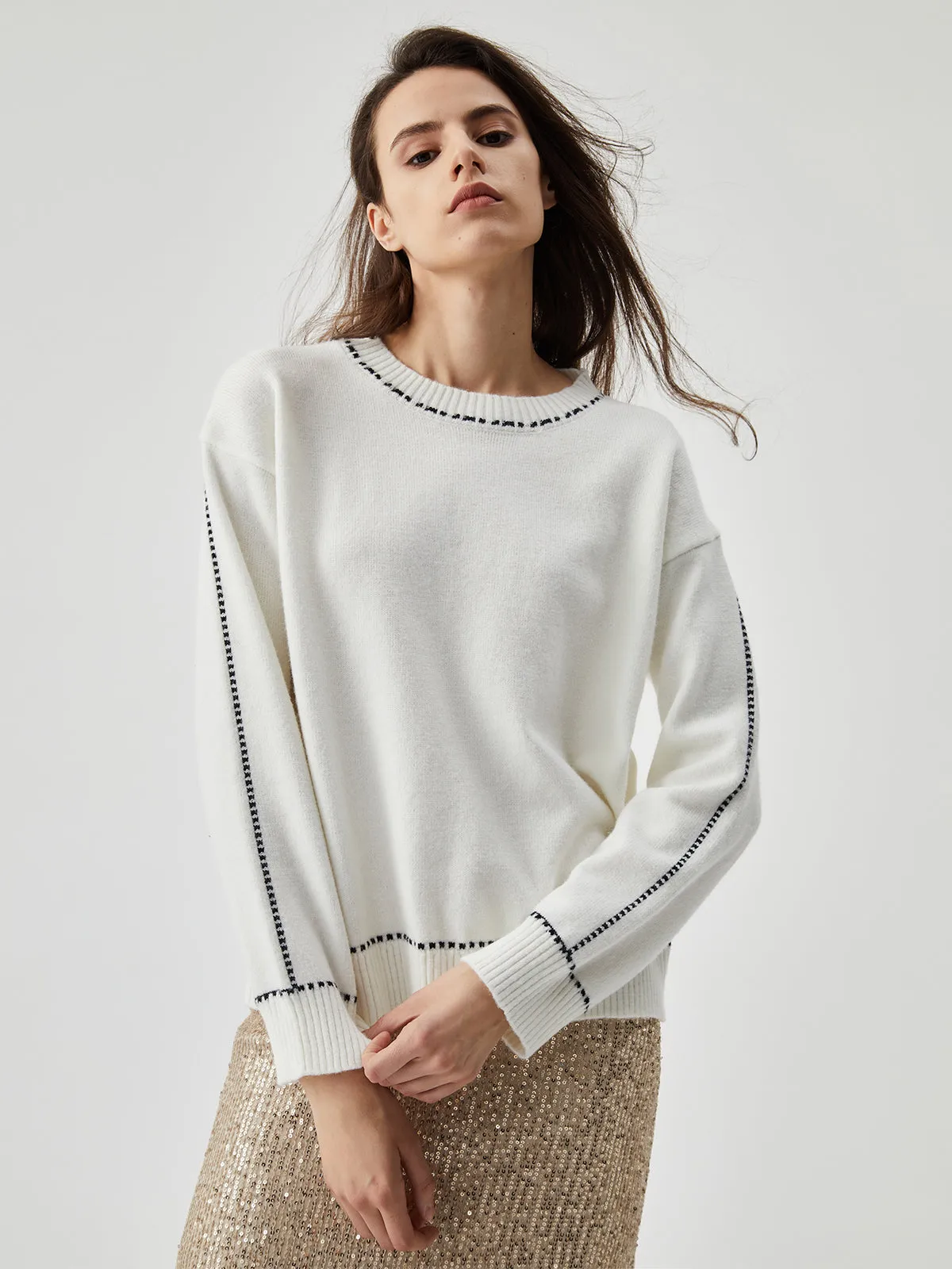 Knit Contrast Trim Trendy Crew Neck Sweater