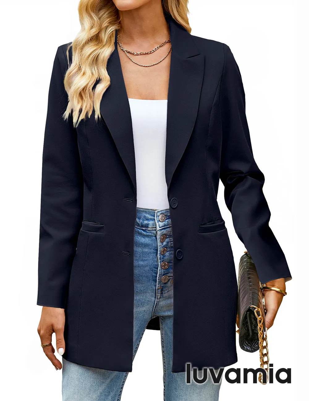 luvamia 2023 Blazers for Women Business Casual Long Blazer Jackets Dressy Work Professional Office Outfits Lapel Pockets