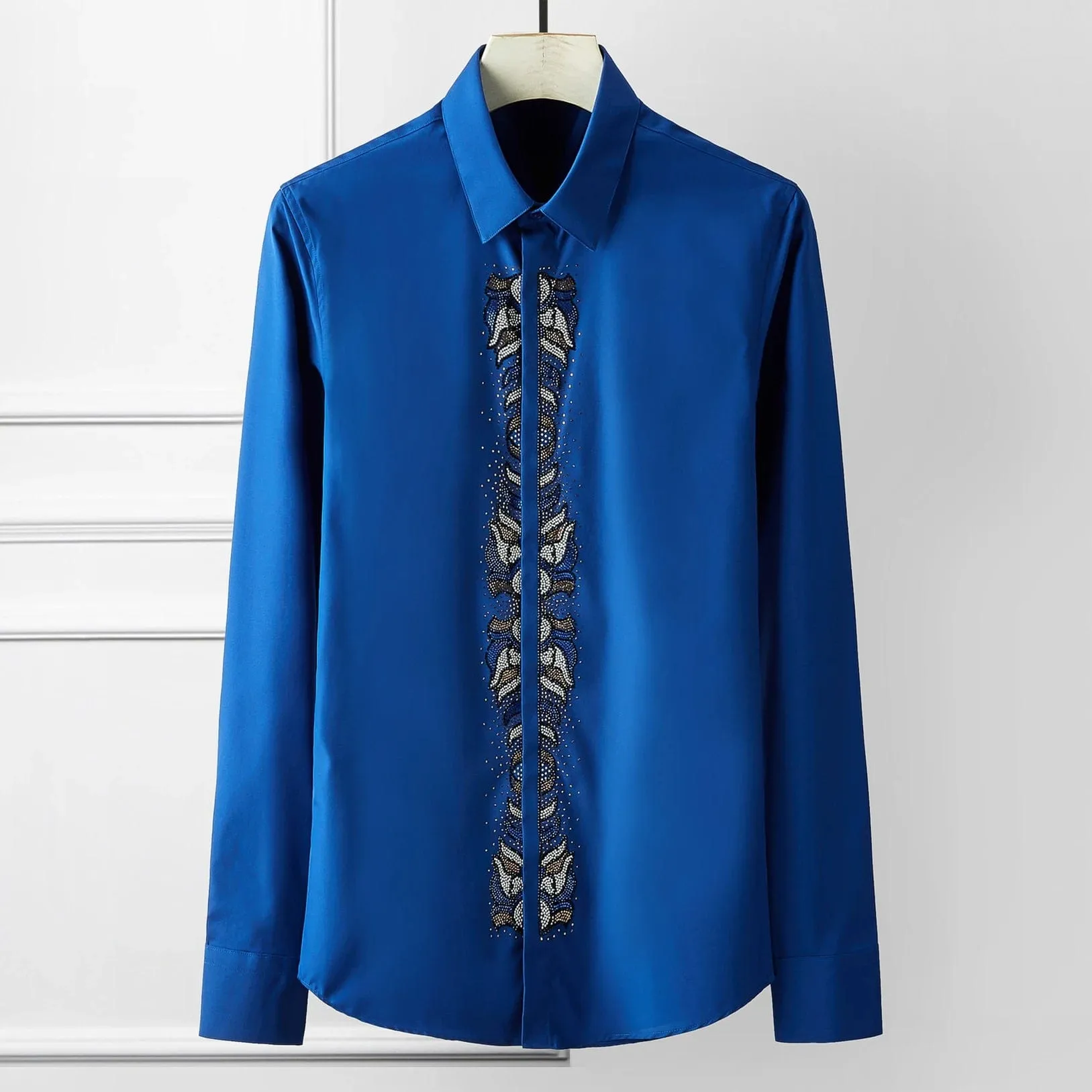 Men's High-Quality Rhinestone Long Sleeve Shirt – Slim Fit Luxury Dress Shirt for Parties, Banquets, and Social Events