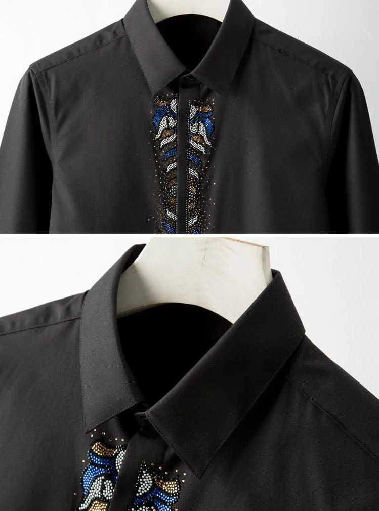 Men's High-Quality Rhinestone Long Sleeve Shirt – Slim Fit Luxury Dress Shirt for Parties, Banquets, and Social Events