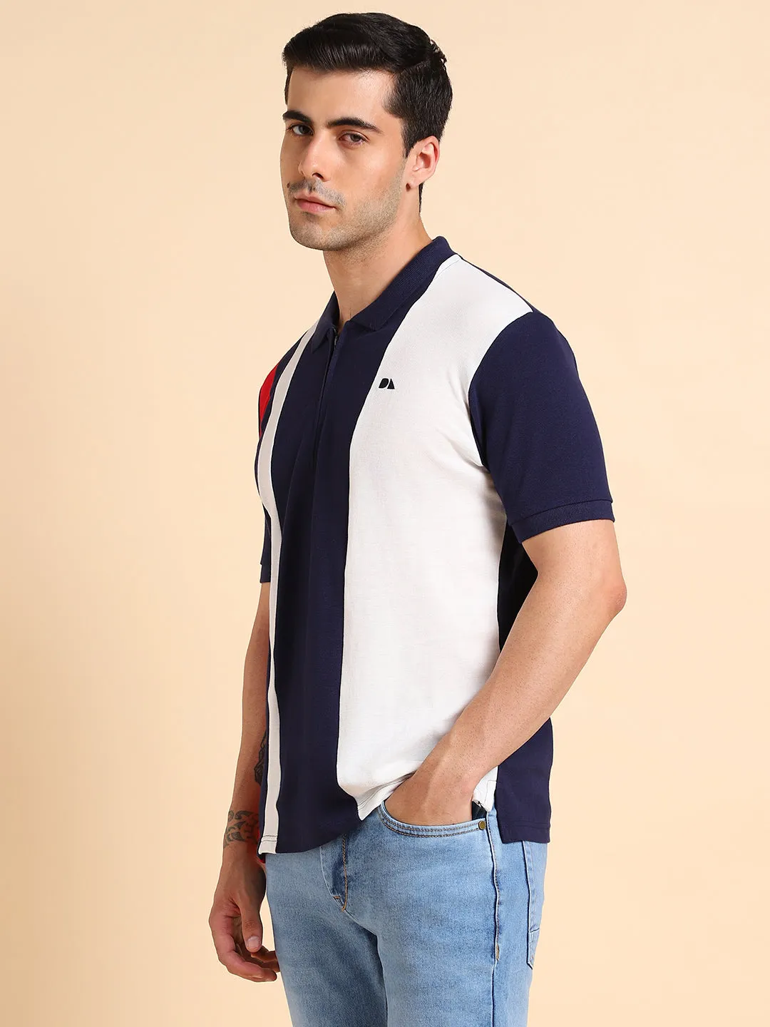 Men's Polo Neck Color Blocked Cotton Navy Tshirt