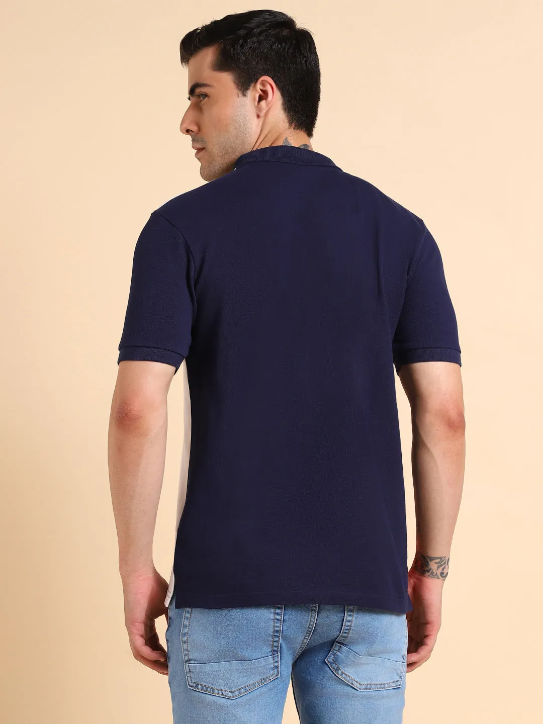 Men's Polo Neck Color Blocked Cotton Navy Tshirt