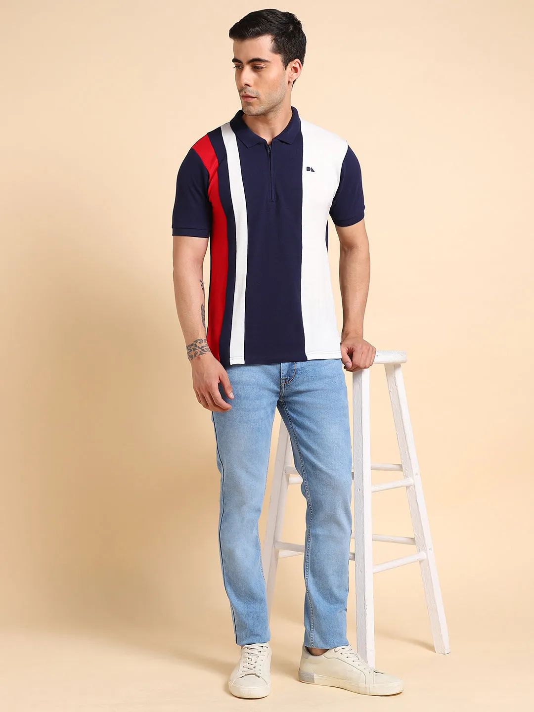 Men's Polo Neck Color Blocked Cotton Navy Tshirt