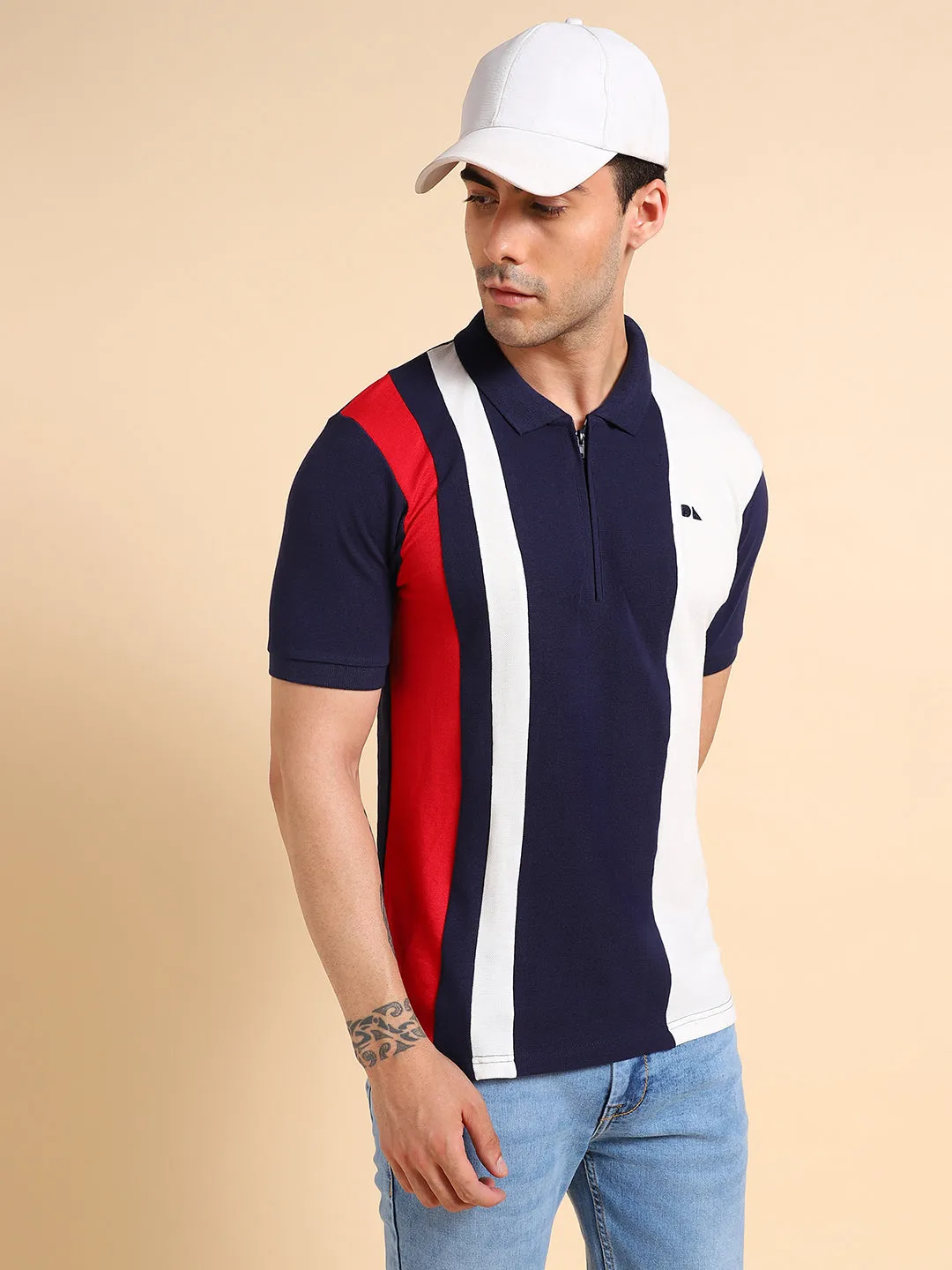 Men's Polo Neck Color Blocked Cotton Navy Tshirt