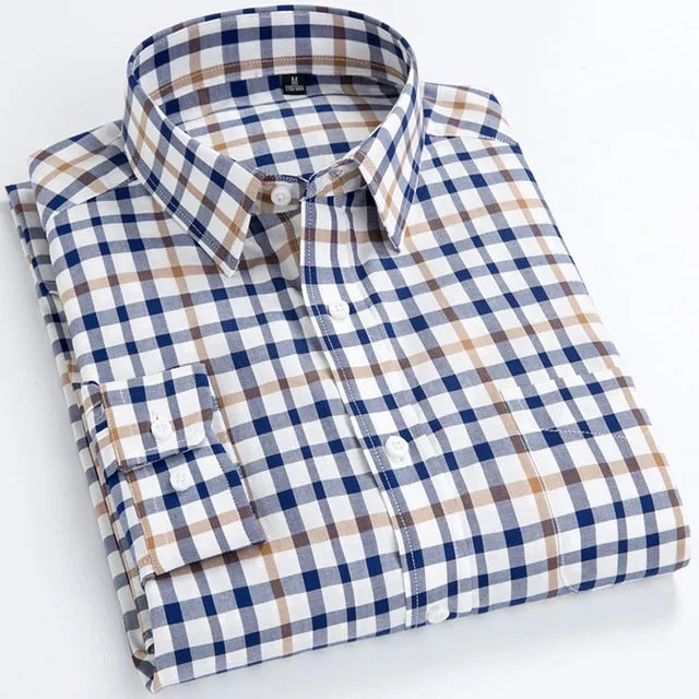 Men's Standard-Fit Long-Sleeve Casual Checked Shirt Single Patch Pocket Button-down Collar Comfortable 100% Cotton Gingham Shirt