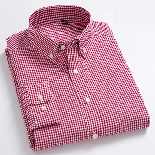 Men's Standard-Fit Long-Sleeve Casual Checked Shirt Single Patch Pocket Button-down Collar Comfortable 100% Cotton Gingham Shirt