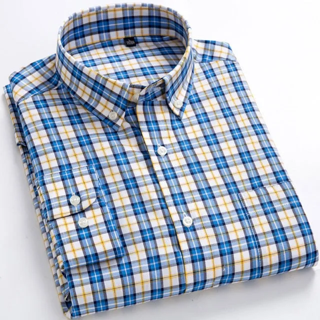 Men's Standard-Fit Long-Sleeve Casual Checked Shirt Single Patch Pocket Button-down Collar Comfortable 100% Cotton Gingham Shirt