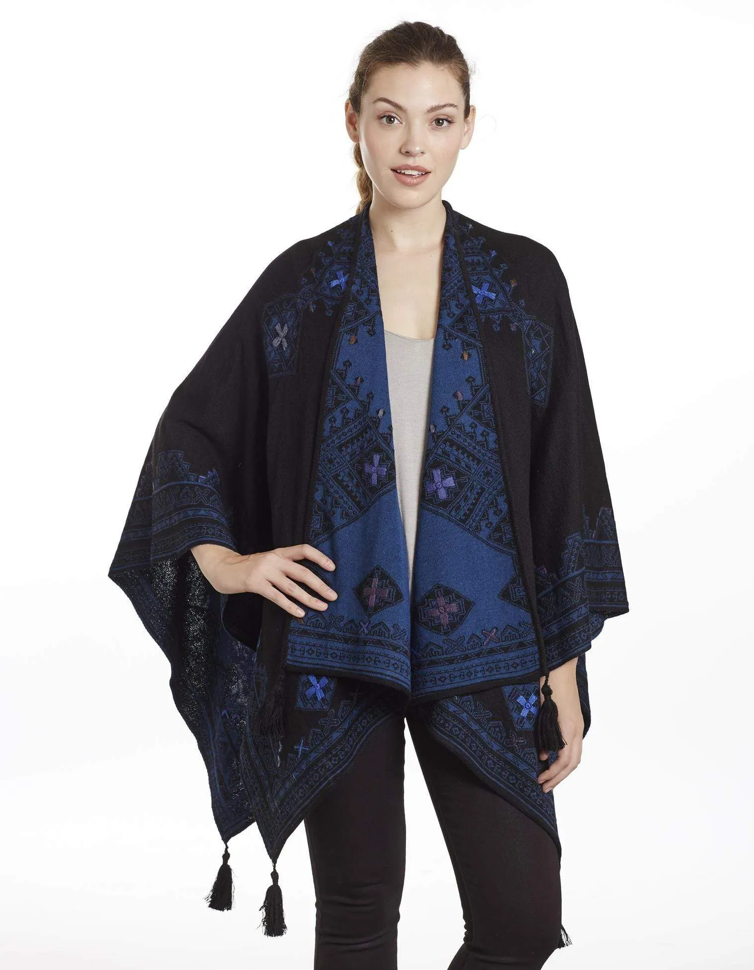 Morocco Reversible Embroidered Baby Alpaca Poncho - Women's Ruana Wrap