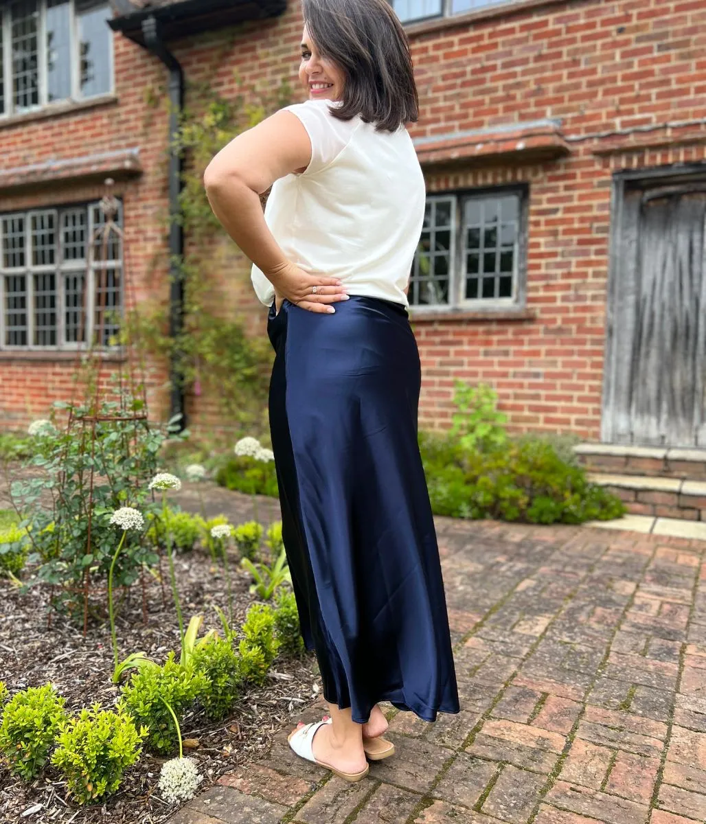 Navy Satin Maxi Skirt